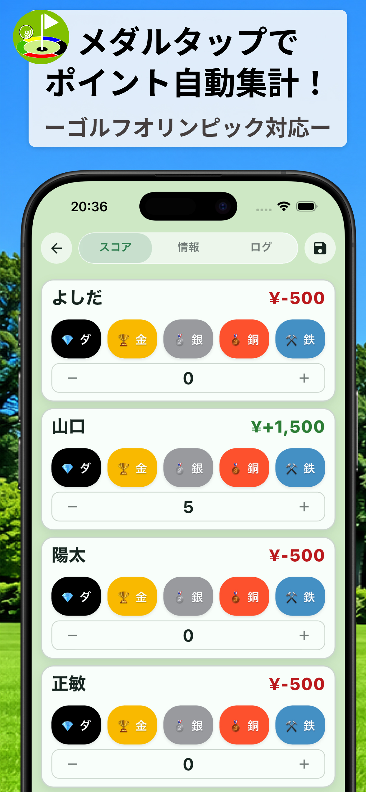 現行アプリのメダル入力画面。プレイヤーごとのポイントと収支を表示